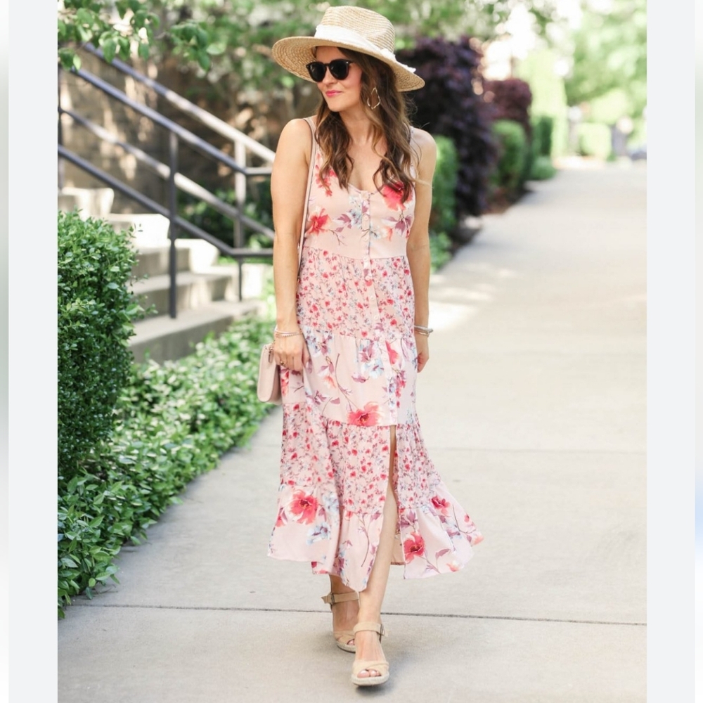 Xhilaration Mixed Floral Print Boho Tiered Skirt Prairie Cottagecore Maxi Pink
